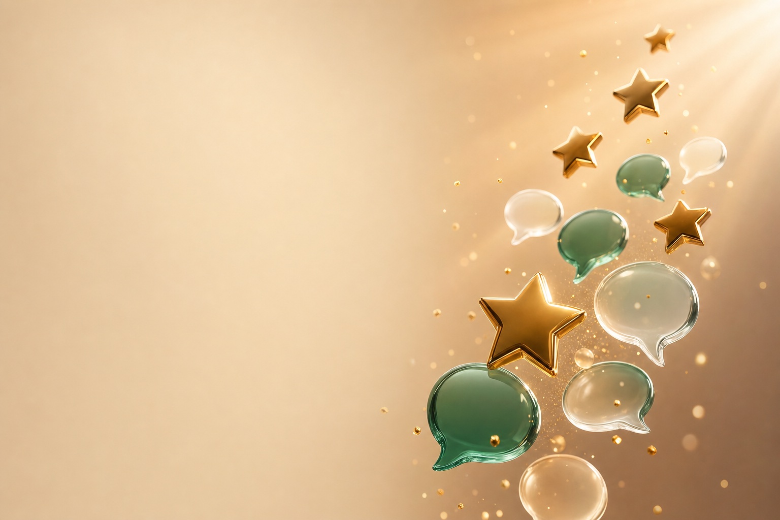 Glossy gold five-star review badges and WhatsApp chat bubbles rising on a warm gradient