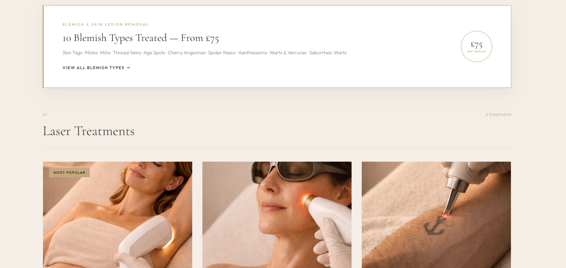 Laser treatments page on Laser Skin Clinics, three treatment cards (Laser Hair Removal, CO2 Laser Resurfacing, Laser Tattoo Removal) with editorial photography.