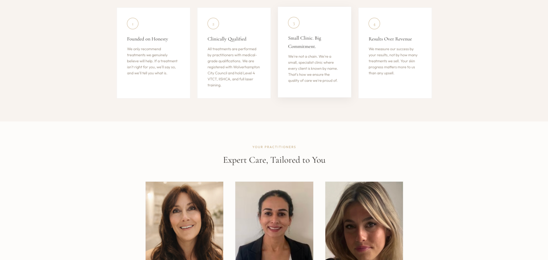 About page showing four commitments and a 'Your Practitioners' section with three team headshots.