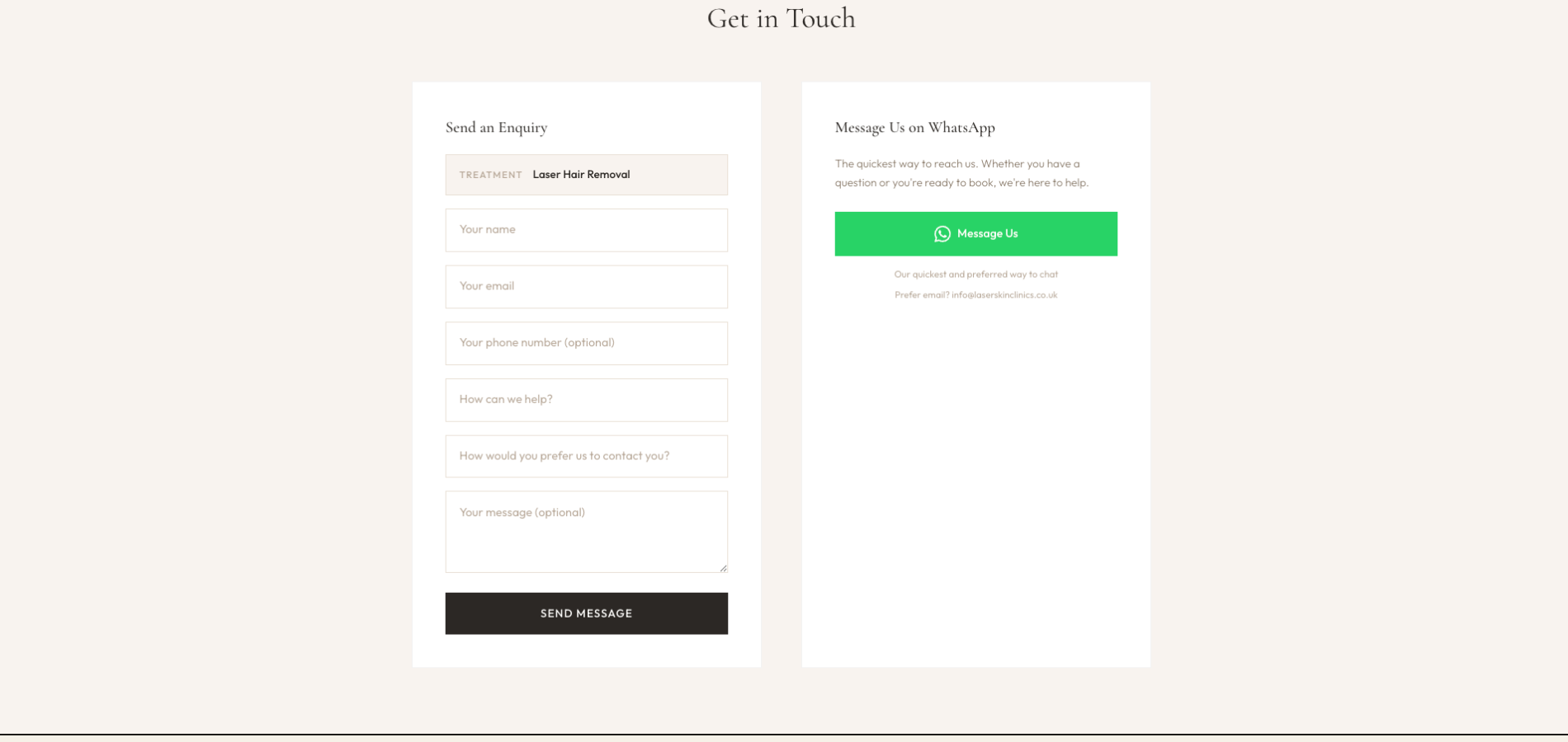 Contact page with Send an Enquiry form on the left and a Message Us on WhatsApp panel on the right.