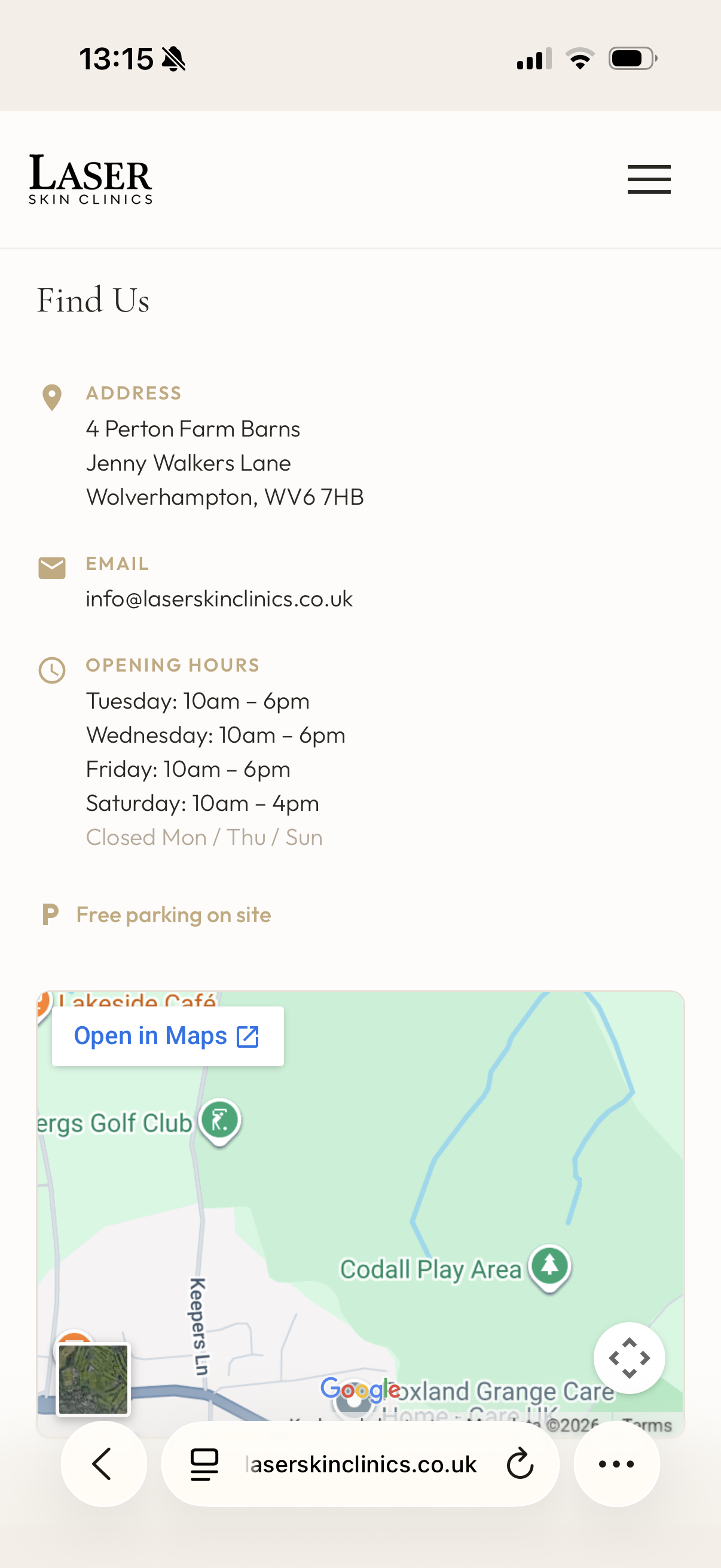 Find Us page on mobile