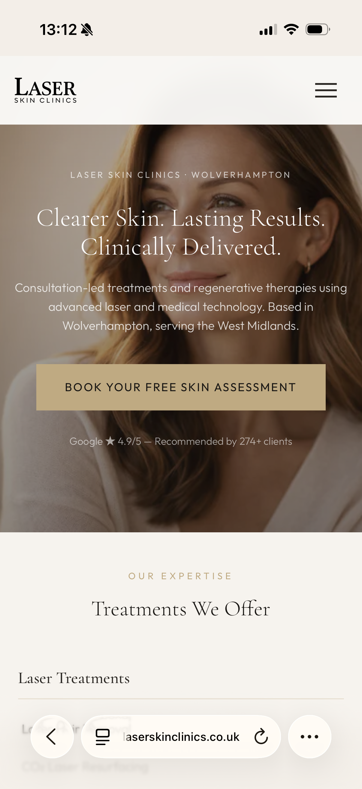 Laser Skin Clinics, Home page on mobile