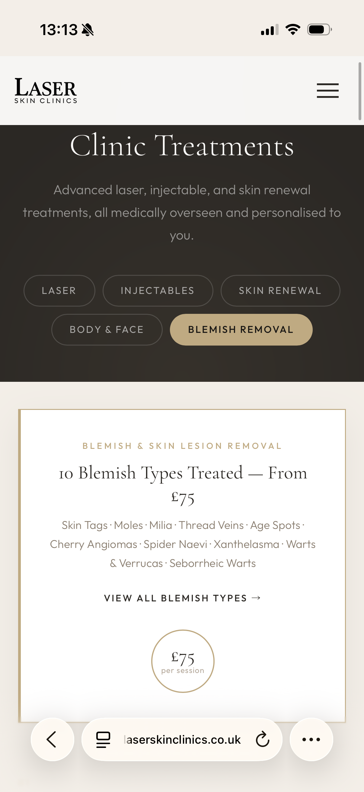 Treatments index page on mobile